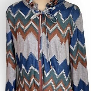 Miusey Longline Hooded Jacket Size Large Knit Chevron Zig Zag Gray Blue Zip Soft